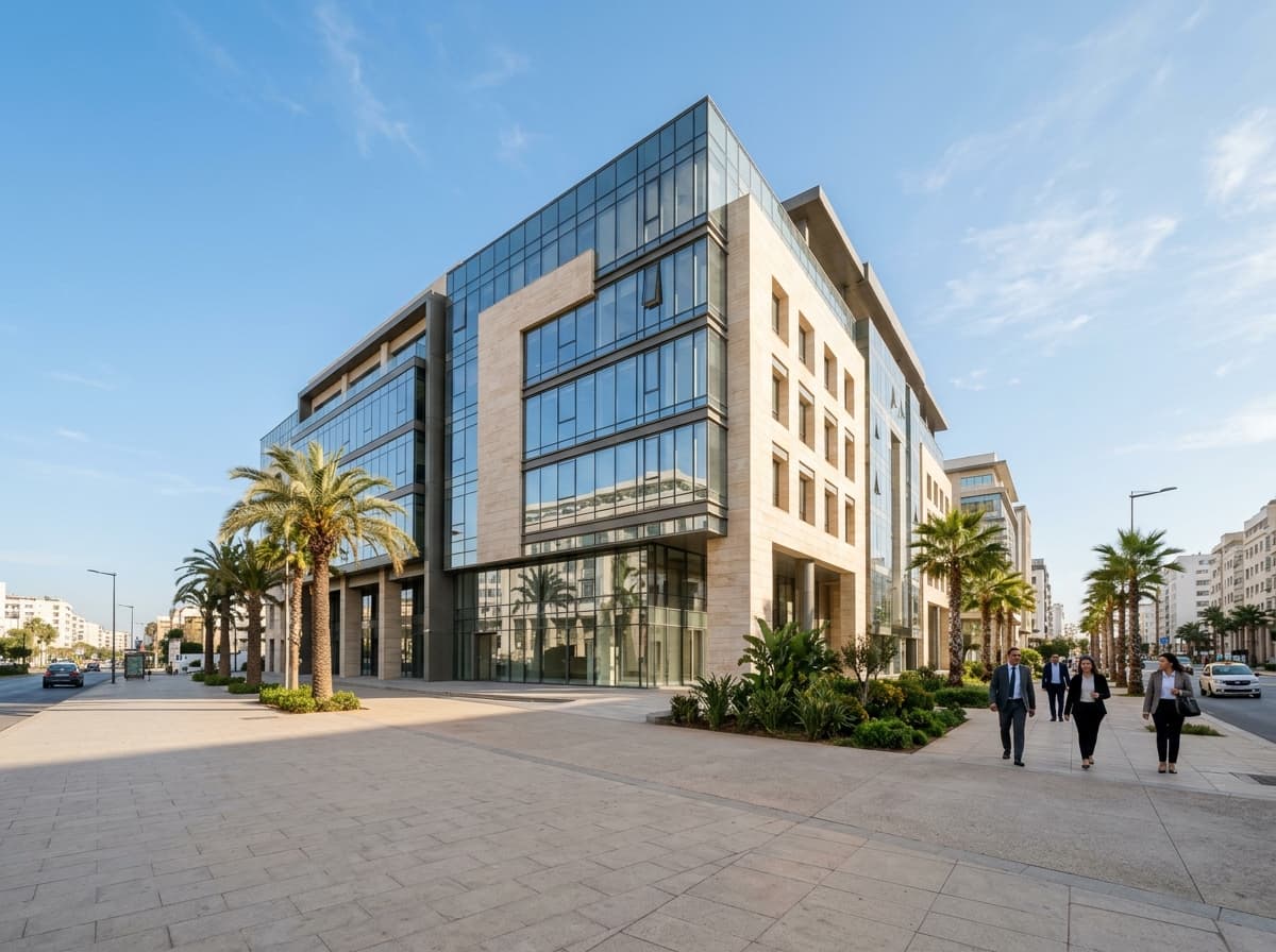 Immeuble de bureaux moderne en verre et pierre, bordé de palmiers, dans un quartier d'affaires