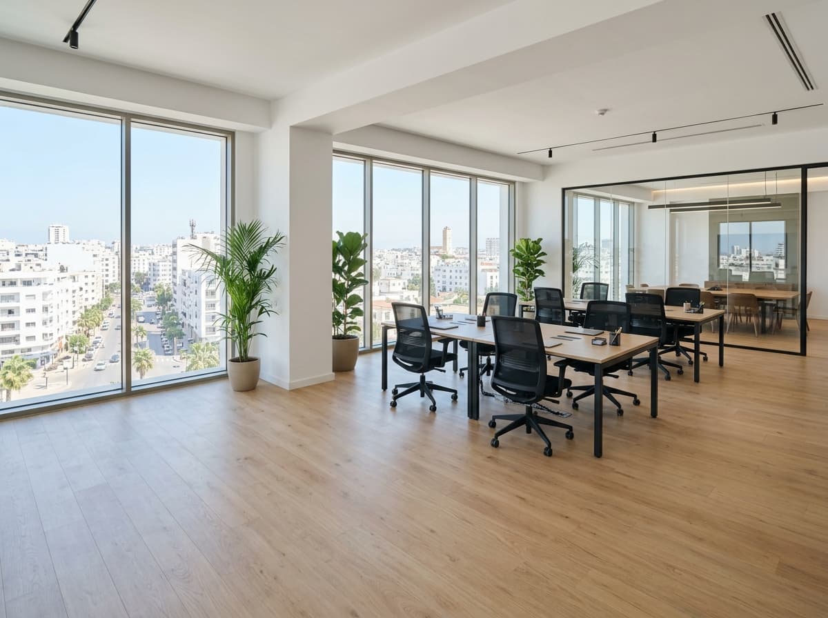 Plateau de bureaux lumineux avec grandes baies vitrées sur la ville et salle de réunion vitrée